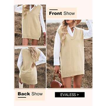 EVLAESS Plus Size Sweater Vest Women V Neck Sleeveless Apricot Knit Fall Sweaters Womens Fall Solid Color Irregular Hem Loose Pullover Sweater Large