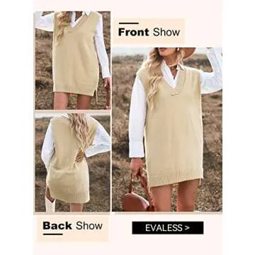 EVLAESS Plus Size Sweater Vest Women V Neck Sleeveless Apricot Knit Fall Sweaters Womens Fall Solid Color Irregular Hem Loose Pullover Sweater Large