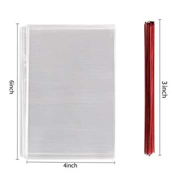100 Pcs 6 in x 4 in(1.4mil.) Clear Flat Cello Cellophane Treat Bags Good for Bakery, Cookies, Candies,Dessert with random color Twist Ties!