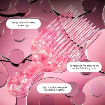 Rizos Curls Hair Pick Comb, Fluff Curls & Add Volume, Larger Pick To Lift Roots, Curly Textured Hair, Pink