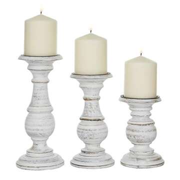 Deco 79 Mango Wood Decorative Candle Holder Turned Style Pillar Candle Stand, Set of 3 Candlestick Holder 10", 8", 6”H, White