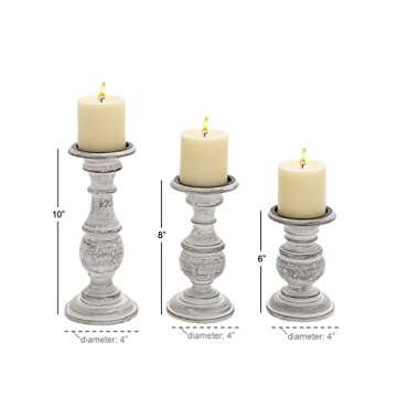 Deco 79 Mango Wood Decorative Candle Holder Turned Style Pillar Candle Stand, Set of 3 Candlestick Holder 10", 8", 6”H, White