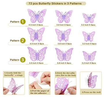72 Pcs Butterfly Decorations, 3 Sizes 3 Styles, 3D Butterfly Wall Decor, Butterfly Party Decorations...