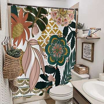 GCIREC Boho Floral Shower Curtain, Colorful Bohemian Abstract Flowers Tropical Leaves Bathroom Curtain Bathtub Home Decor Waterproof Fabric Machine Washable with 12 Hooks, 72" W x 72" L