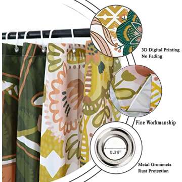 GCIREC Boho Floral Shower Curtain, Colorful Bohemian Abstract Flowers Tropical Leaves Bathroom Curtain Bathtub Home Decor Waterproof Fabric Machine Washable with 12 Hooks, 72" W x 72" L