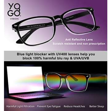 Yogo Vision Blue Light Blocking Computer Glasses Anti Glare Reduce Eyestrain Eyeglasses for Computers Screens for Men and Women (4 pack)