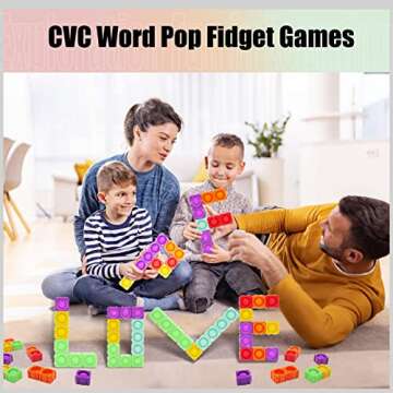 Pop Blocks Fidget Toys, Rainbow Silicone Popper Infinity DIY Building Blocks CVC Words Learning Phonics Color Recognition Game Anxiety Stress Reliever Autistic Sensory Toy (Rainbow)
