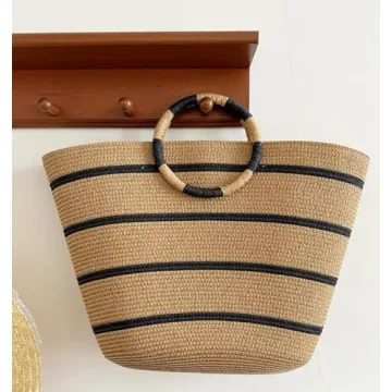TOFUNTOY Beach Bags for Women Straw Tote Bag Summer Beach Bag Woven Tote Handbags Large Straw Bag for Beach Vacation Holiday (Brown)
