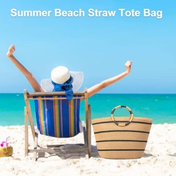 TOFUNTOY Beach Bags for Women Straw Tote Bag Summer Beach Bag Woven Tote Handbags Large Straw Bag for Beach Vacation Holiday (Brown)