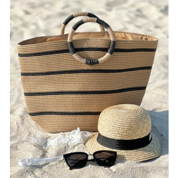 TOFUNTOY Beach Bags for Women Straw Tote Bag Summer Beach Bag Woven Tote Handbags Large Straw Bag for Beach Vacation Holiday (Brown)