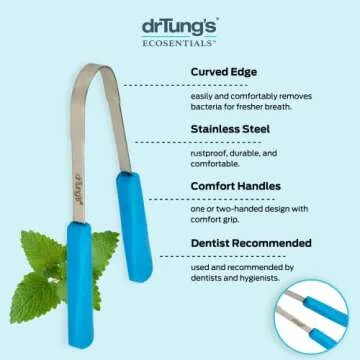 DrTung’s Stainless Tongue Scraper - Tongue Cleaner for Adults, Kids, Helps Freshens Breath, Easy to Use Comfort Grip Handle, Comes with Fabric Travel Pouch - Stainless Steel Tongue Scrapers, (1 Count)