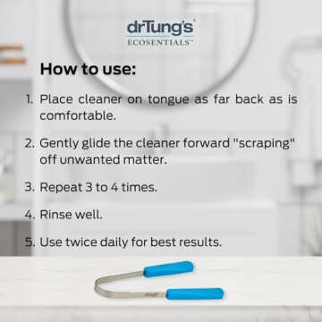 DrTung’s Stainless Tongue Scraper - Tongue Cleaner for Adults, Kids, Helps Freshens Breath, Easy to Use Comfort Grip Handle, Comes with Fabric Travel Pouch - Stainless Steel Tongue Scrapers, (1 Count)