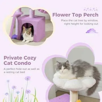 PETEPELA Flower Cat Tree for Indoor Cats, 32'' Small Cat Tower Cat Condo with Sisal Scratching Ramp, Cozy Hammock and Removable Flower Bed Perch for Kittens, Purple