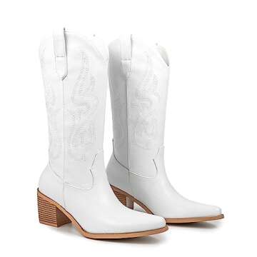 Pasuot White Cowboy Boots for Women - Cowgirl Western Mid Calf Boots with Embroidery, Pointed Toe Retro Chunky Heel Slip On Fashion Classic Short Boots Pull On for Ladies Summer Fall US 7.5