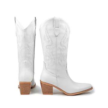 Pasuot White Cowboy Boots for Women - Cowgirl Western Mid Calf Boots with Embroidery, Pointed Toe Retro Chunky Heel Slip On Fashion Classic Short Boots Pull On for Ladies Summer Fall US 7.5