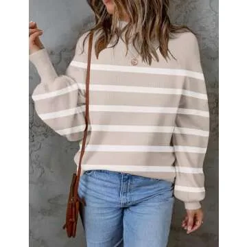ZESICA Women's Fall Fashion Turtleneck Striped Knit Sweater Tops, Almond, Small