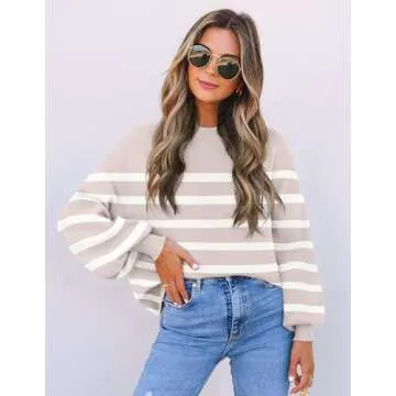 ZESICA Women's Striped Knit Pullover Sweater - Almond