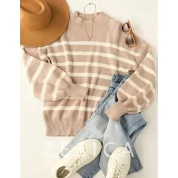 ZESICA Women's Striped Knit Pullover Sweater - Almond