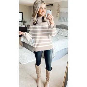 ZESICA Women's Striped Knit Pullover Sweater - Almond