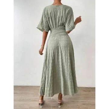 Floerns Women's V Neck Half Sleeve Ruched Cocktail Evening A Line Long Dress Bean Green S
