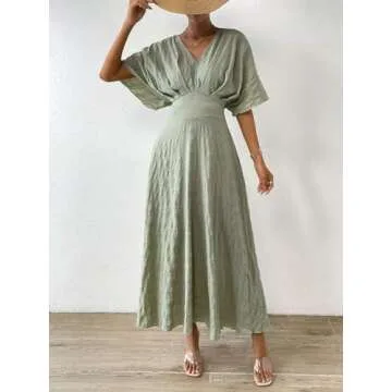 Floerns Women's V Neck Half Sleeve Ruched Cocktail Evening A Line Long Dress Bean Green S