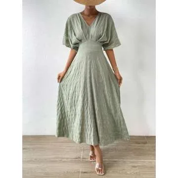 Floerns Women's V Neck Half Sleeve Ruched Cocktail Evening A Line Long Dress Bean Green S