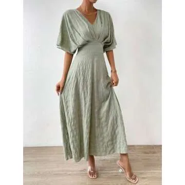 Floerns Women's V Neck Half Sleeve Ruched Cocktail Evening A Line Long Dress Bean Green S