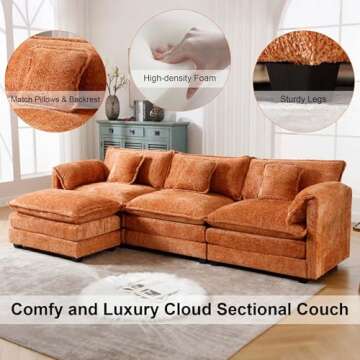 GNIXUU 112" Oversized Sectional Sofa Cloud Couch for Living Room, Modern Chenille L Shaped Couch, Comfy Boucle Modular Sofa Sleeper with Moveable Ottoman & Memory Foam(Orange)
