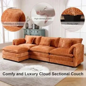 GNIXUU 112" Oversized Sectional Sofa Cloud Couch for Living Room, Modern Chenille L Shaped Couch, Comfy Boucle Modular Sofa Sleeper with Moveable Ottoman & Memory Foam(Orange)