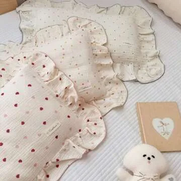 BuLuTu Muslin Cotton Kids Toddler Pillowcase 1 Pack, Soft Breathable Travel Pillowcase for Kids Child Pillow Cover for Sleeping Fit Pillow Sized 16"x 22", Heart Pattern, Envelope Closure