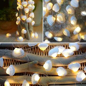 WSgift Natural Beach Seashell String Lights 13.85 Ft 40 Warm White LED Weatherproof Battery Operated...