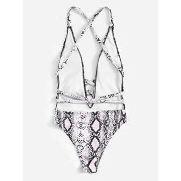 SweatyRocks Women's Sexy Bathing Suits Criss Cross Tie Knot Front Deep V Open Back Leopard One Piece Swimwear Snakeskin Medium