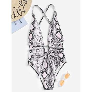 SweatyRocks Women's Sexy Bathing Suits Criss Cross Tie Knot Front Deep V Open Back Leopard One Piece Swimwear Snakeskin Medium