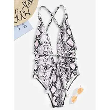 SweatyRocks Women's Sexy Bathing Suits Criss Cross Tie Knot Front Deep V Open Back Leopard One Piece Swimwear Snakeskin Medium