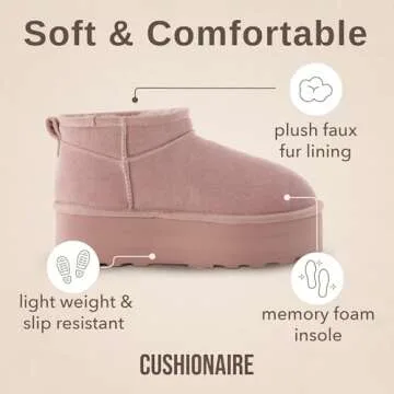 CUSHIONAIRE Hippy Women’s Platform Ankle Boots – Genuine Suede, Faux Fur Lining, Cozy Winter Slip-On Design boots for women, PINK 7.5