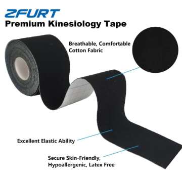 ZFURT Breathable Cotton Kinesiology Tape | Hypoallergenic, Latex Free, Elastic Sports Tape | Excellent Support for Body Pain Relief and Prevent Sport Injury (Black (1 Roll))