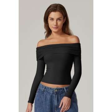 QINSEN Womens Off The Shoulder Tops Double Lined Long Sleeve T Shirts Slim Fitted Stretchy Crop Top