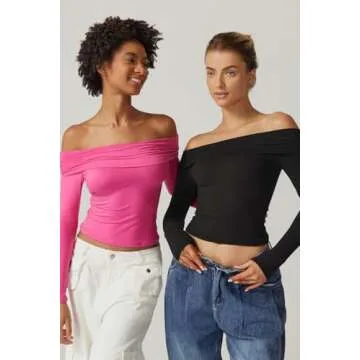 QINSEN Womens Off The Shoulder Tops Double Lined Long Sleeve T Shirts Slim Fitted Stretchy Crop Top