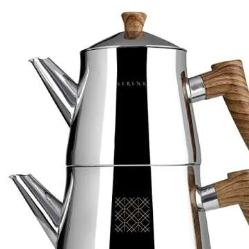 Serenk Stainless Steel 3 qt(101 fl oz) Turkish Tea Pot Sets With Two Lids And NonSlip Bakelite Handles For All Stove Type Turkish Tea Maker Two Pots With Termo Capsuled Induction Base (Brown)