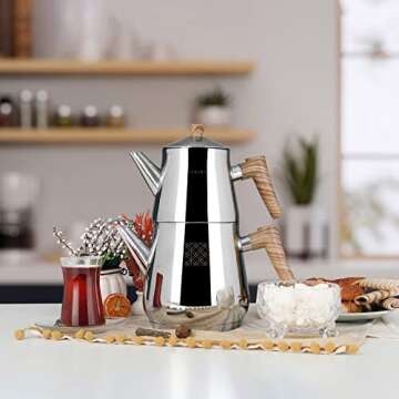 Serenk Stainless Steel 3 qt(101 fl oz) Turkish Tea Pot Sets With Two Lids And NonSlip Bakelite Handles For All Stove Type Turkish Tea Maker Two Pots With Termo Capsuled Induction Base (Brown)