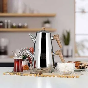 Serenk Stainless Steel 3 qt(101 fl oz) Turkish Tea Pot Sets With Two Lids And NonSlip Bakelite Handles For All Stove Type Turkish Tea Maker Two Pots With Termo Capsuled Induction Base (Brown)