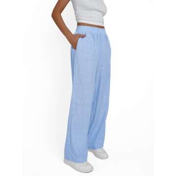 Trendy Queen Womens Striped Pants Linen Wide Leg Trousers Casual Slacks Fall Fashion Y2k Outfits 2025 Blue M