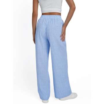 Trendy Queen Womens Striped Pants Linen Wide Leg Trousers Casual Slacks Fall Fashion Y2k Outfits 2025 Blue M