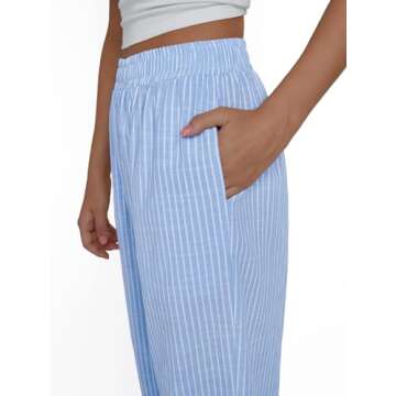 Trendy Queen Womens Striped Pants Linen Wide Leg Trousers Casual Slacks Fall Fashion Y2k Outfits 2025 Blue M