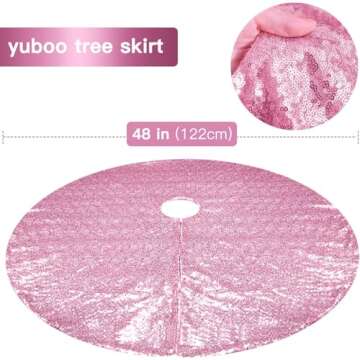 yuboo Pink Tree Skirt Valentines Decor, 48 Inch Sequin Pink Christmas Tree Skirt Mat for Pink and Rose Gold Christmas Decorations