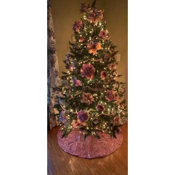 yuboo Pink Tree Skirt Valentines Decor, 48 Inch Sequin Pink Christmas Tree Skirt Mat for Pink and Rose Gold Christmas Decorations