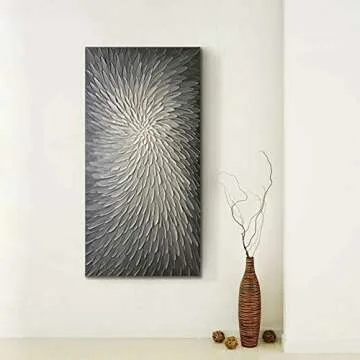 AMEI Art, 24X48 Inch Hand Painted Acrylic Wall Art Modern Artwork Art Wood Inside Framed Hanging Wall Decoration Textured Abstract Floral Oil Paintings (Elegant Gray)