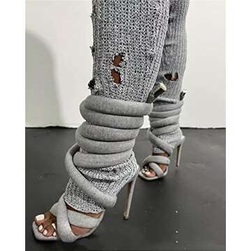 perixir Strappy High Heels Gladiator Sandals With Grey Jersey Knit Fallopian Cloth Rope Lace Up Sexy Open Toe Square Stilettos Tie Up Heeled Sandals For Women US Size 7