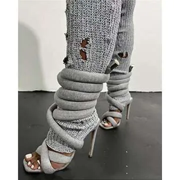 perixir Strappy High Heels Gladiator Sandals With Grey Jersey Knit Fallopian Cloth Rope Lace Up Sexy Open Toe Square Stilettos Tie Up Heeled Sandals For Women US Size 7
