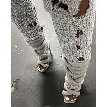 perixir Strappy High Heels Gladiator Sandals With Grey Jersey Knit Fallopian Cloth Rope Lace Up Sexy Open Toe Square Stilettos Tie Up Heeled Sandals For Women US Size 7